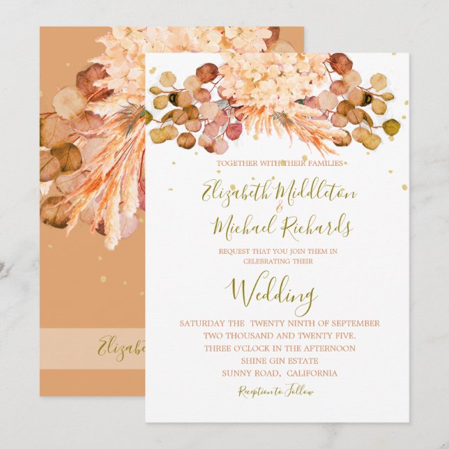 Floral Pampas Grass Foliage Orange Elegant Wedding Invitation (Front/Back)