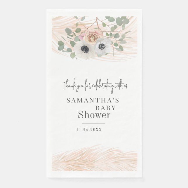 Floral Pampas Grass Modern Girl Baby Shower Paper Guest Towels (Front)
