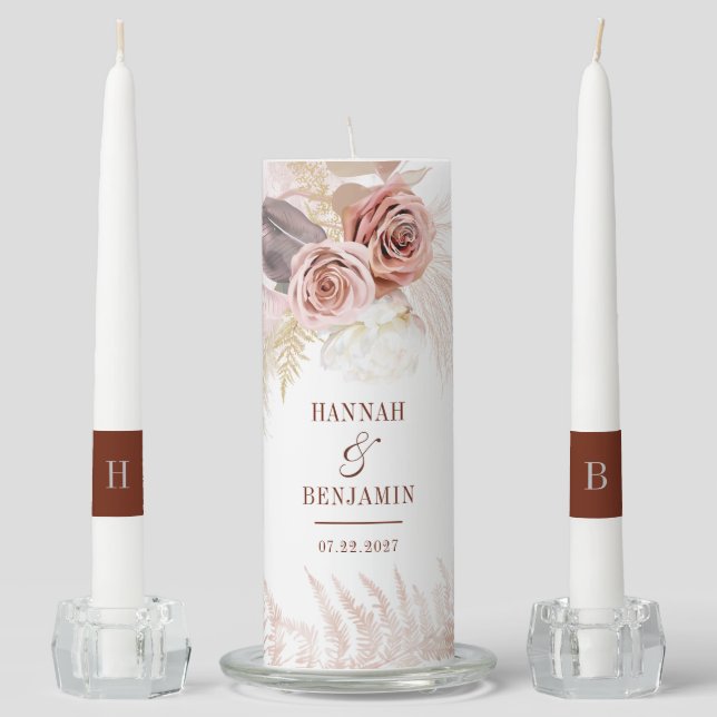 Floral Pampas Grass Tan Rustic Wedding Unity Candle Set (Front)