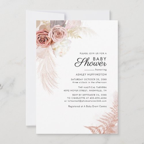 Floral Pampas Grass Terracotta Chic Baby Shower Invitation