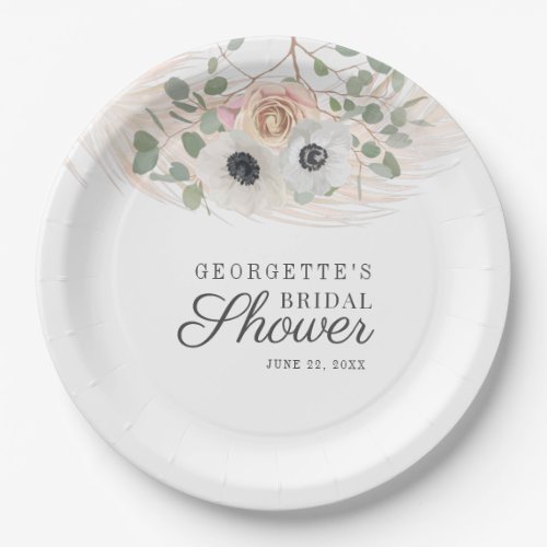 Floral Pampas Grass Watercolor Bridal Shower Paper Plates