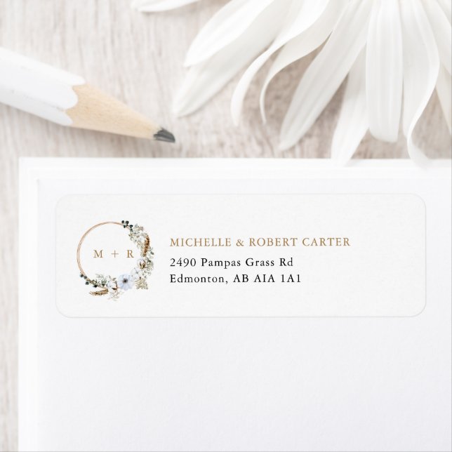 Floral Pampas Grass Wedding Boho Monogram Label (Insitu)