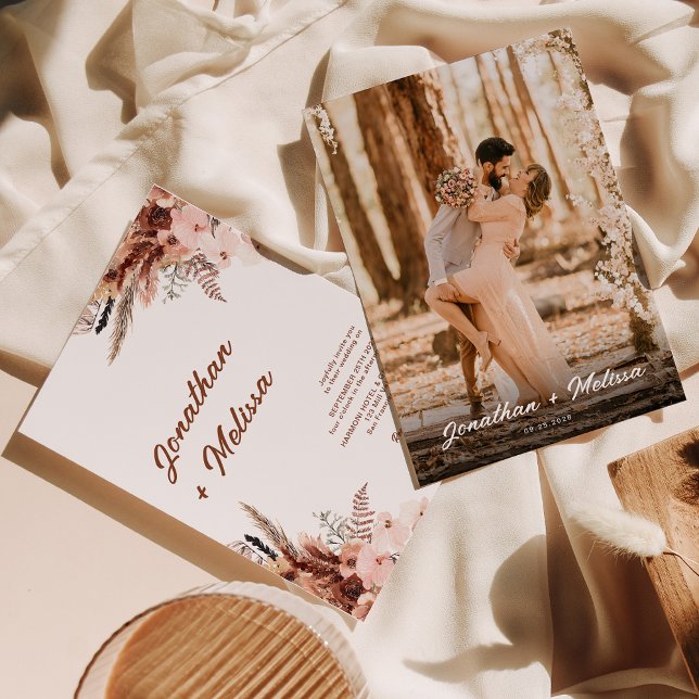 Floral Pampas Rust Terracotta Script Photo Wedding Invitation (Creator Uploaded)