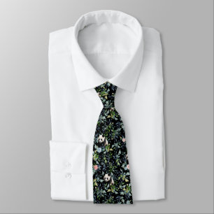 Floral Panda Pattern with Pink and Blue Roses Neck Tie
