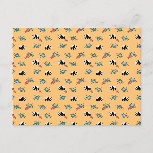 Floral Panda Pattern with Roses on Peach Postcard (Front)