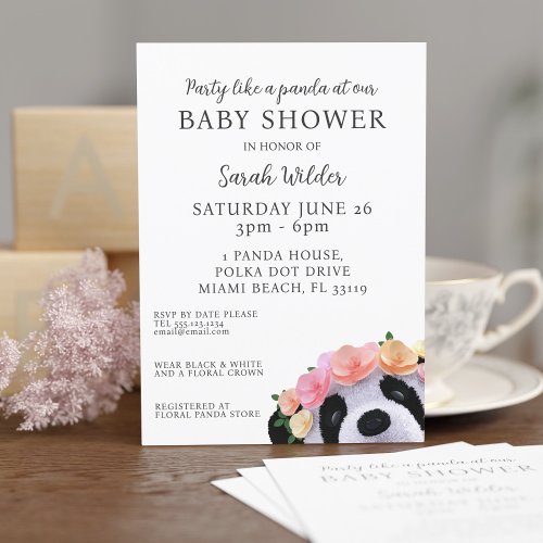 Floral Panda Polka Dot Girl Baby Shower Invitation
