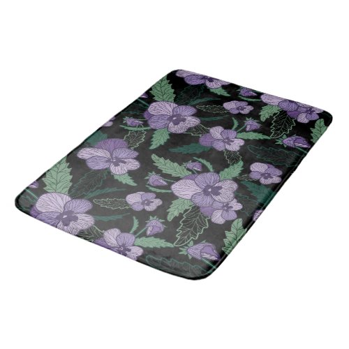 Floral Pansy with Foliage on Dark Background  Bath Mat