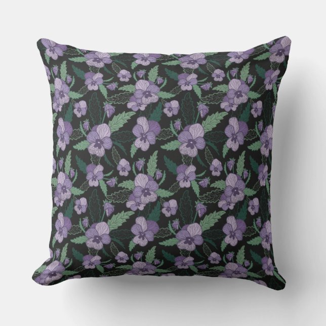 Floral Pansy with Foliage on Dark Background  Outdoor Pillow (Front)