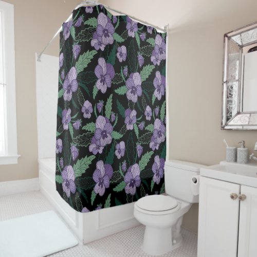 Floral Pansy with Foliage on Dark Background  Shower Curtain