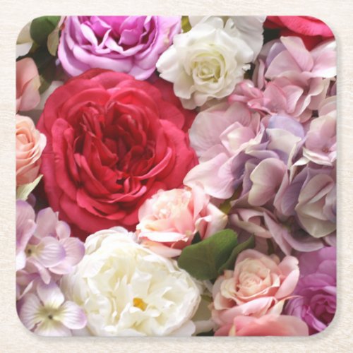 Floral paper coasters with roses and hydrangeas