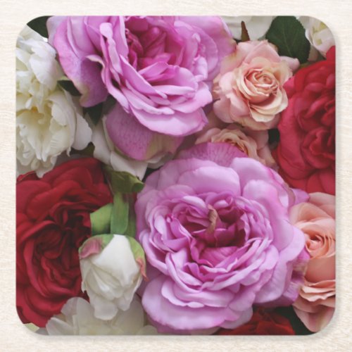 Floral paper coasters with roses and peonies