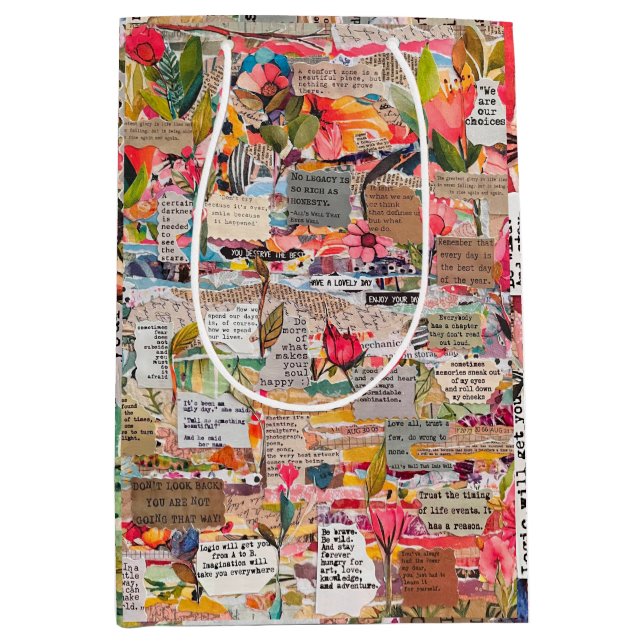Floral Paper Collage Typography Mixed Media  Medium Gift Bag (Front)