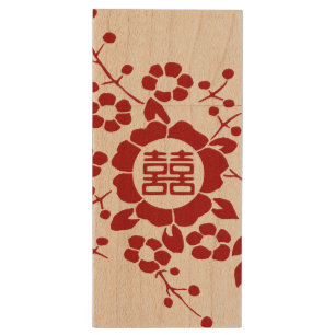 Floral Paper Cuts - White Double Happiness Wood USB Flash Drive
