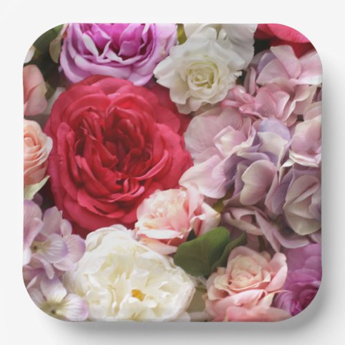 Floral paper plates with roses and hydrangeas