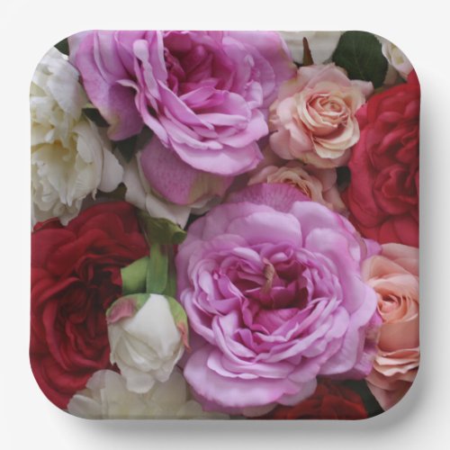 Floral paper plates with roses and peonies