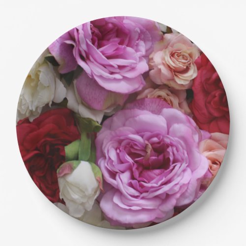 Floral paper plates with roses and peonies