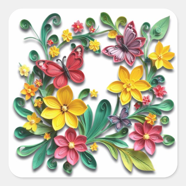 Floral Paper Quilling | Thinking of You Square Sticker (Front)
