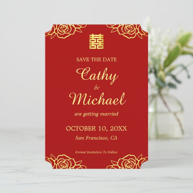 Floral papercut rose red and gold Chinese wedding Save The Date (Standing Front)