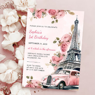 Floral Paris Eiffel Tower 1st Birthday Party Invitation