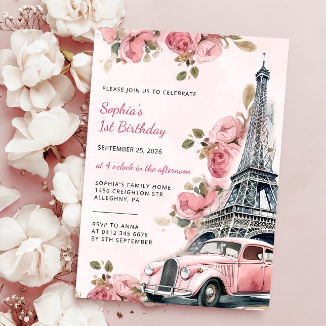 Floral Paris Eiffel Tower 1st Birthday Party Invitation (Creator Uploaded)