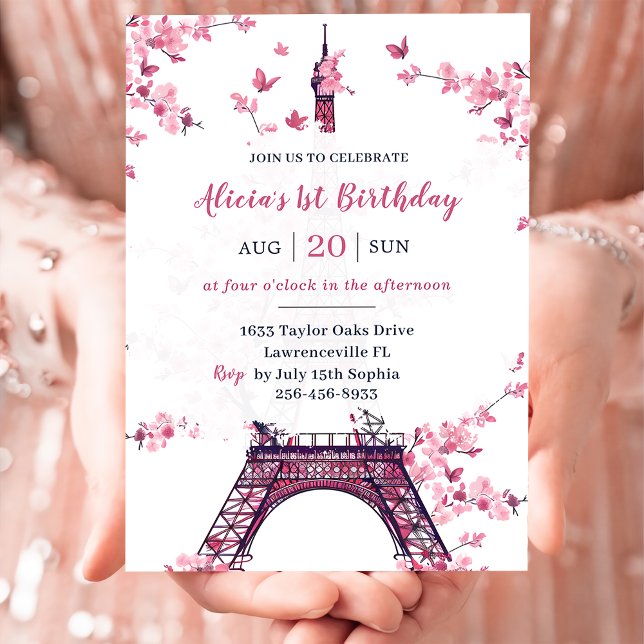 Floral Paris Eiffel Tower 1st Birthday Party Invitation (Creator Uploaded)