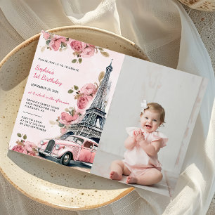 Floral Paris Eiffel Tower 1st Birthday Photo Invitation