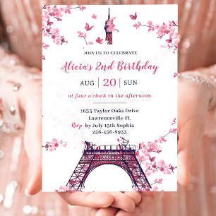 Floral Paris Eiffel Tower 2nd Birthday Party Invitation