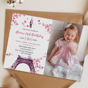 Floral Paris Eiffel Tower 2nd Birthday Party Photo Invitation