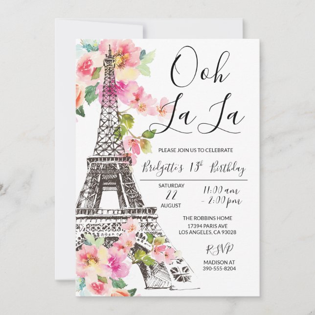 Floral Paris Eiffel Tower Birthday Invitation (Front)