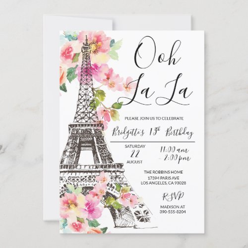 Floral Paris Eiffel Tower Birthday Invitation