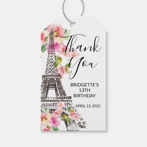 Floral Paris Eiffel Tower Birthday Party Favor Gift Tags