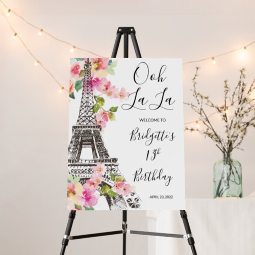 Floral Paris Eiffel Tower Birthday Welcome Sign