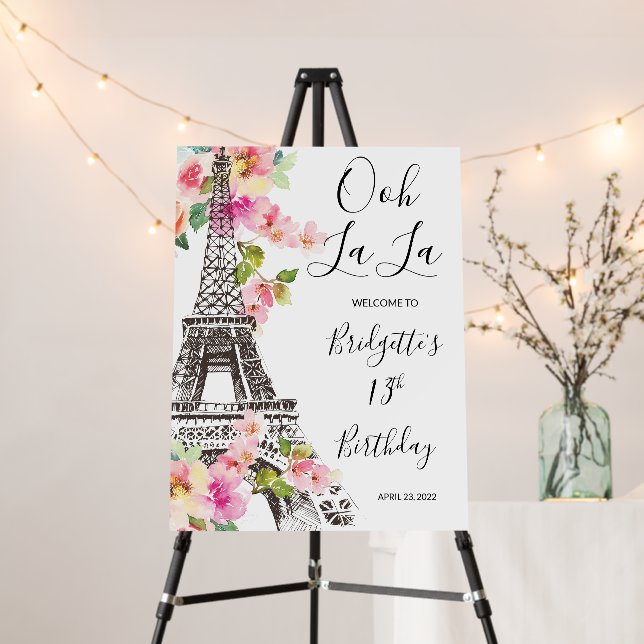 Floral Paris Eiffel Tower Birthday Welcome Sign (In Situ (Stand))