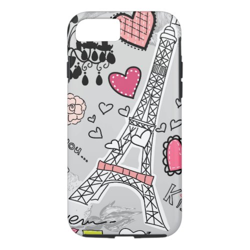 Floral Paris Eiffel Tower black pink and grey iPhone 87 Case