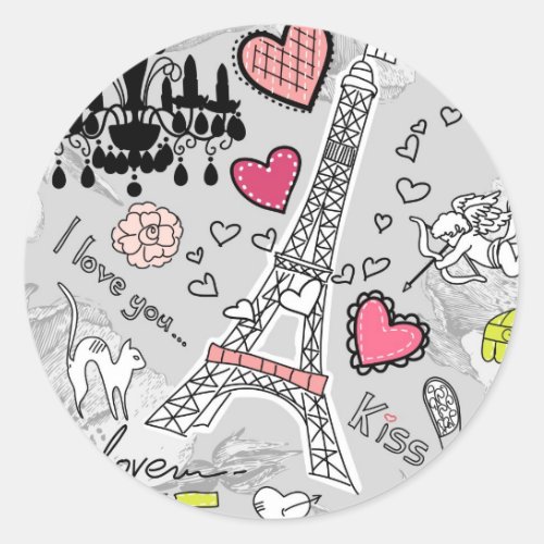 Floral Paris Eiffel Tower black pink and grey Classic Round Sticker