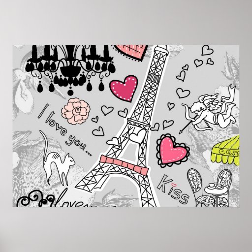 Floral Paris Eiffel Tower black pink and grey Poster | Zazzle