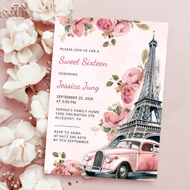 Floral Paris Eiffel Tower Sweet 16 Birthday Party Invitation (Creator Uploaded)