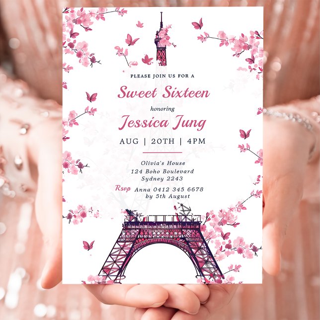 Floral Paris Eiffel Tower Sweet 16 Birthday Party Invitation (Creator Uploaded)