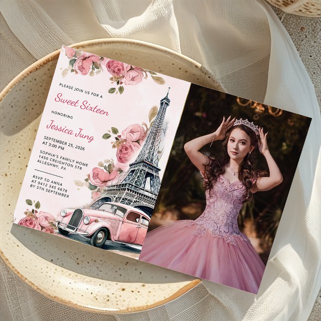 Floral Paris Eiffel Tower Sweet 16 Birthday Photo  Invitation (Creator Uploaded)