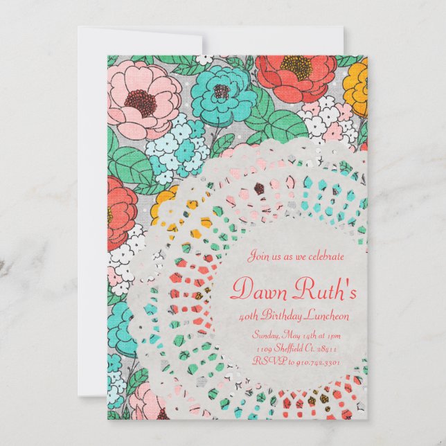 Floral Party Bridal Luncheon garden doily invite (Front)