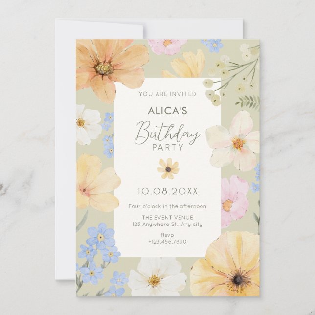 Floral pastel color birthday invitation (Front)