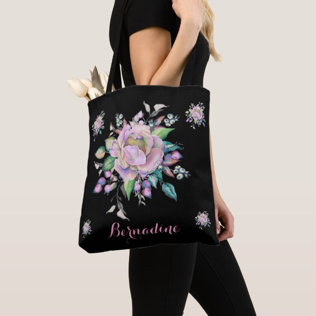  Floral Pastel Flowers Watercolor Personalize Tote Bag (Close Up)