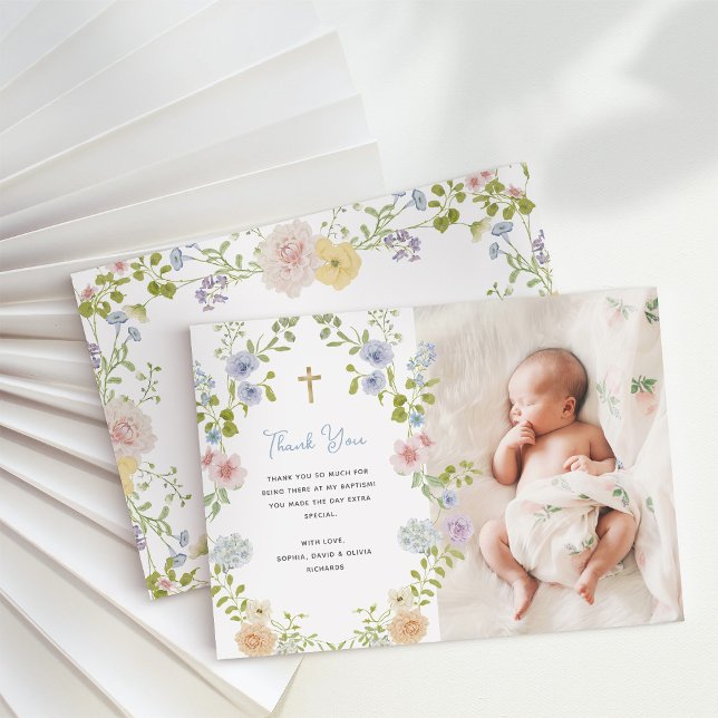 Floral Pastel Frame and Gold Cross | Baptism Thank You Card (Creator Uploaded)