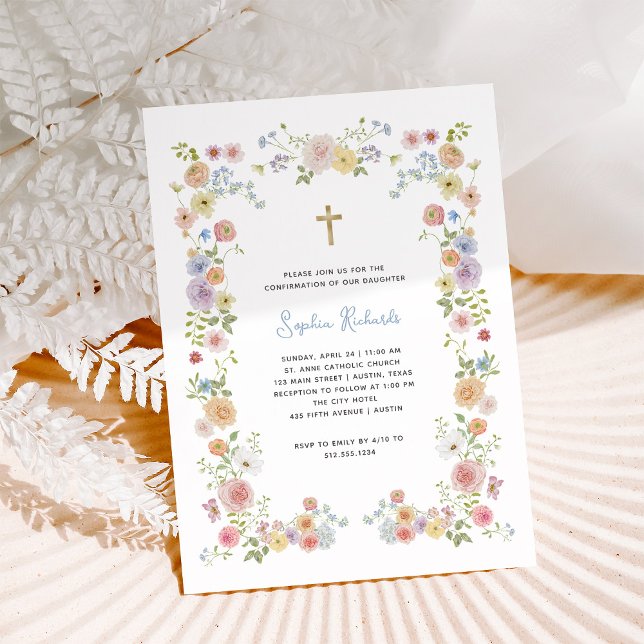 Floral Pastel Frame and Gold Cross | Confirmation Invitation (Creator Uploaded)