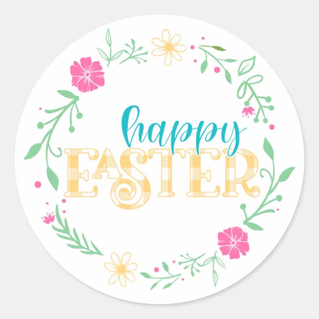 Floral Pastel Happy Easter Classic Round Sticker (Front)