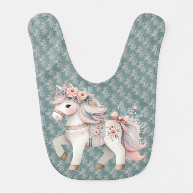 Floral Pastel Horse Fantasy Illustration Baby Bib (Front)