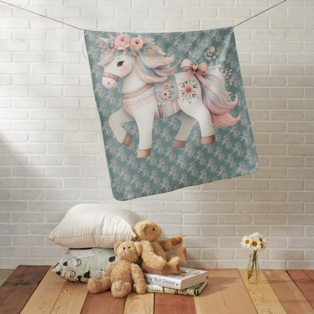 Floral Pastel Horse Fantasy Illustration Baby Blanket (In Situ)