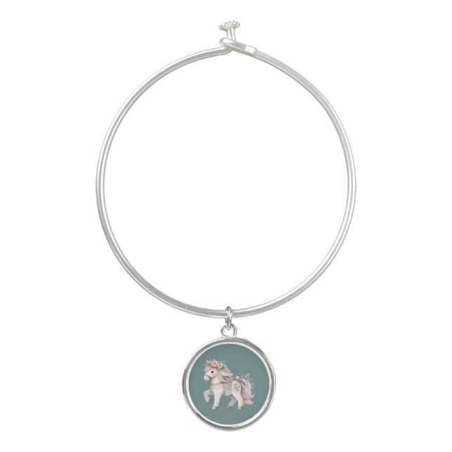 Floral Pastel Horse Fantasy Illustration Bangle Bracelet (Front)