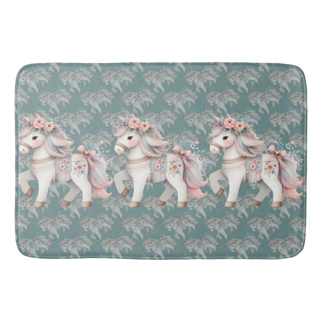 Floral Pastel Horse Fantasy Illustration Bath Mat (Front)
