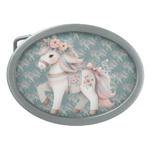 Floral Pastel Horse Fantasy Illustration Belt Buckle